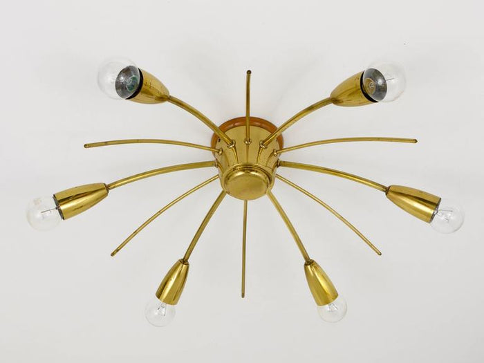 J.T. Kalmar Sun Mid-Century Brass Chandelier Ceiling Lamp, Austria, 1950s