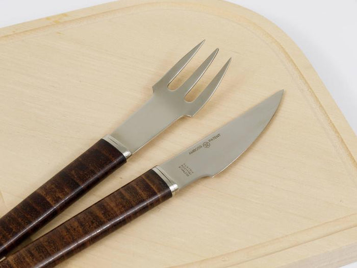 János Megyik Snack Set, Knife, Fork & Wood Board, Amboss Austria, 1970s
