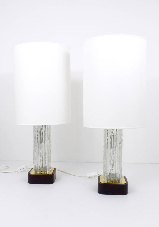 Pair Large J.T. Kalmar Ice Glass Table Lamps „Frankenberg" w. Illuminated Base