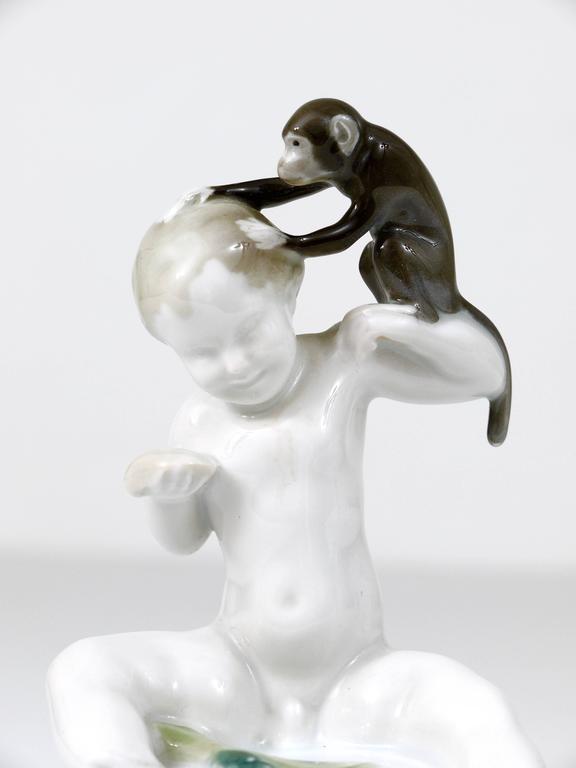 1900s Rosenthal Putto Monkey Porcelain Sculpture, Ferdinand Liebermann, Germany