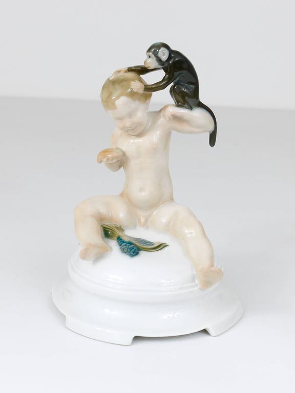 1910s Rosenthal Putto & Monkey Porcelain Sculpture by Ferdinand Liebermann