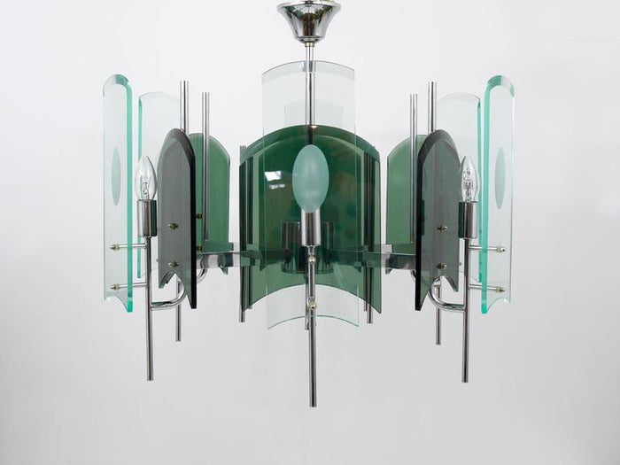 Fontana Arte Style Huge Mid-Century Glass Chandelier, Italy, 1960s
