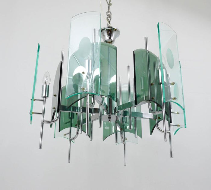 Fontana Arte Style Huge Mid-Century Glass Chandelier, Italy, 1960s