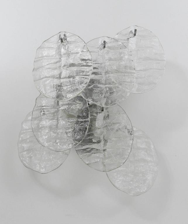 Up to Three J.T. Kalmar Blatt Ice Glass Disc Sconces Wall Lights, Austria, 1960s