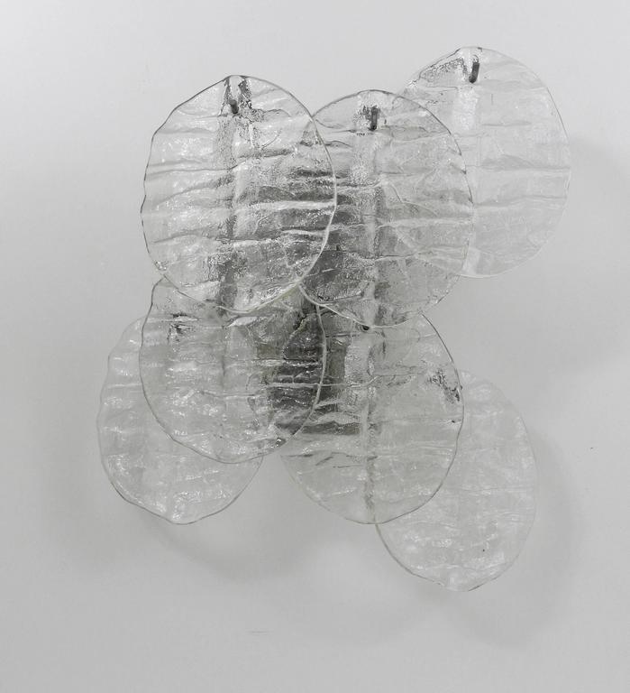 Up to Three J.T. Kalmar Blatt Ice Glass Disc Sconces Wall Lights, Austria, 1960s
