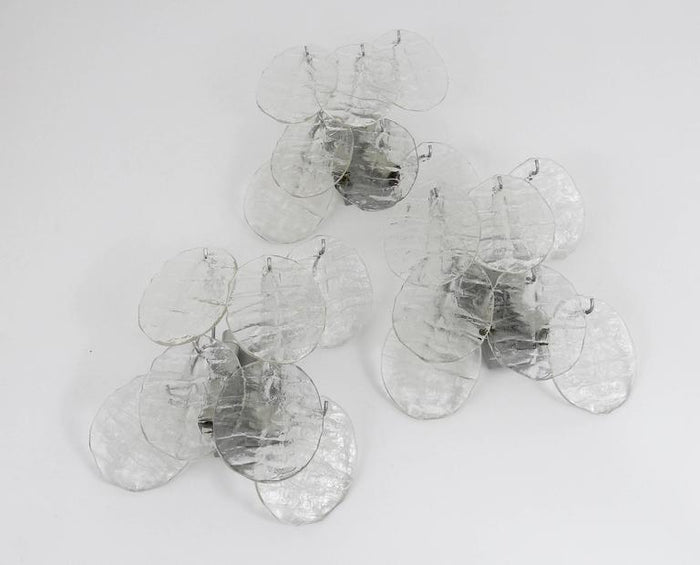 Up to Three J.T. Kalmar Blatt Ice Glass Disc Sconces Wall Lights, Austria, 1960s