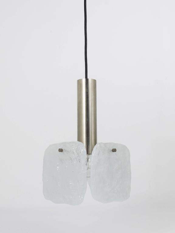 J.T. Kalmar 2x Frosted Ice Glass Panel Pendant Lamp, Austria, 1960s