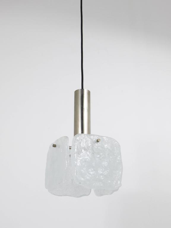 J.T. Kalmar 2x Frosted Ice Glass Panel Pendant Lamp, Austria, 1960s