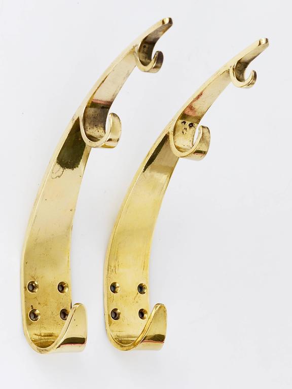 Two Large Mid Century Brass Wall Coat Hooks, Herta Baller Vienna, Austria, 1950s