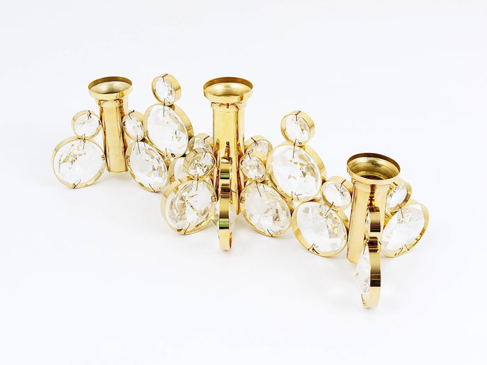 5x Palwa Gaetano Sciolari Style Brass & Crystal Candle Holder Candlestick, 1970s