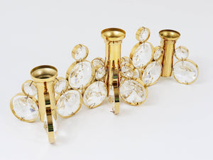 5x Palwa Gaetano Sciolari Style Brass & Crystal Candle Holder Candlestick, 1970s