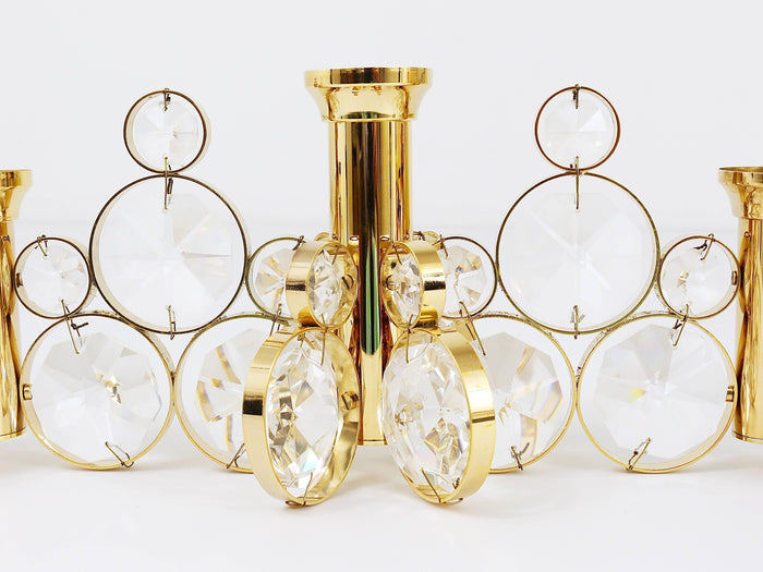 5x Palwa Gaetano Sciolari Style Brass & Crystal Candle Holder Candlestick, 1970s