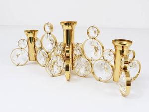 5x Palwa Gaetano Sciolari Style Brass & Crystal Candle Holder Candlestick, 1970s
