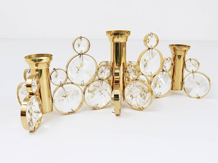 5x Palwa Gaetano Sciolari Style Brass & Crystal Candle Holder Candlestick, 1970s