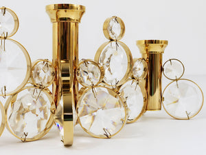 5x Palwa Gaetano Sciolari Style Brass & Crystal Candle Holder Candlestick, 1970s