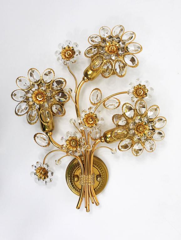 Ernst Palme Palwa Gilt Brass Crystal Flower Wall Light Sconce, Germany, 1970s