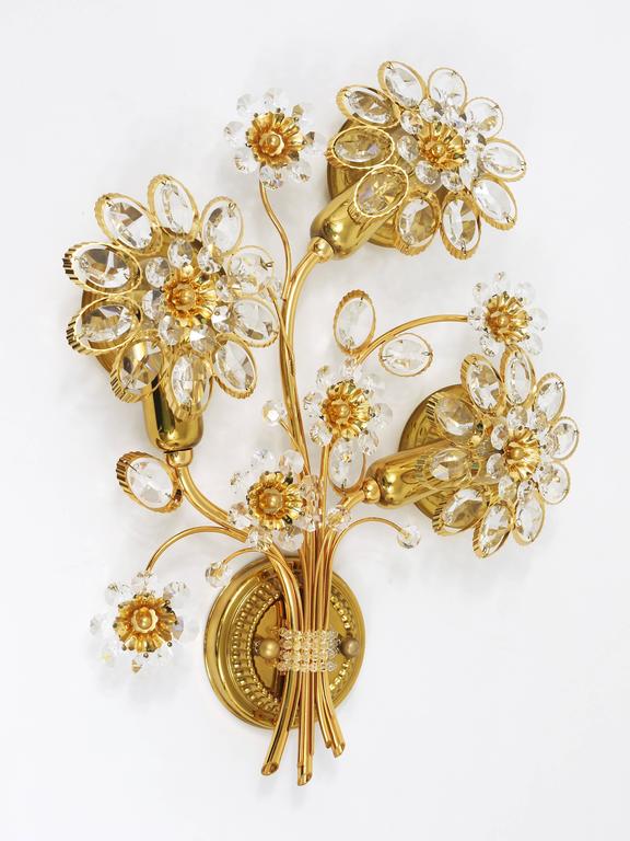 Ernst Palme Palwa Gilt Brass Crystal Flower Wall Light Sconce, Germany, 1970s