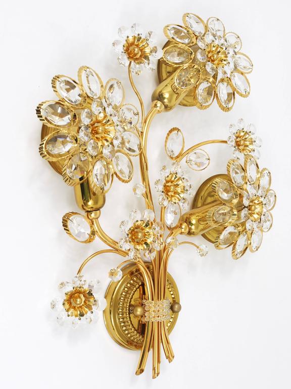 Ernst Palme Palwa Gilt Brass Crystal Flower Wall Light Sconce, Germany, 1970s