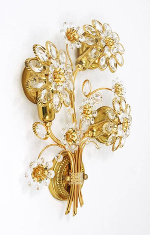 Applique Ernst Palme Palwa in ottone dorato e cristallo a fiore, Germania, anni 1970
