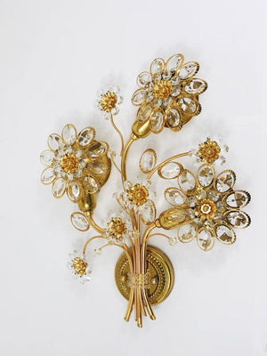 Applique Ernst Palme Palwa in ottone dorato e cristallo a fiore, Germania, anni 1970