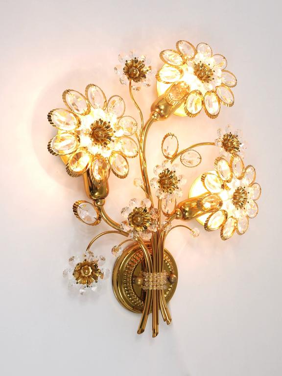 Ernst Palme Palwa Gilt Brass Crystal Flower Wall Light Sconce, Germany, 1970s