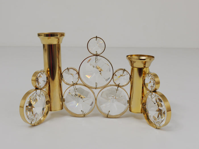 Palwa Gaetano Sciolari Style Brass & Crystal Candle Holder Candlestick, 1970s