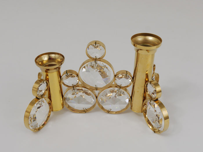 Palwa Gaetano Sciolari Style Brass & Crystal Candle Holder Candlestick, 1970s
