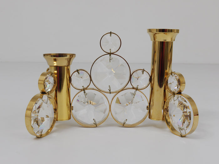 Palwa Gaetano Sciolari Style Brass & Crystal Candle Holder Candlestick, 1970s