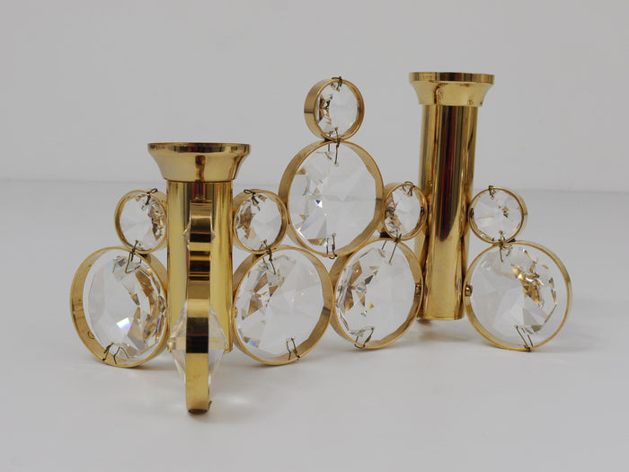 Palwa Gaetano Sciolari Style Brass & Crystal Candle Holder Candlestick, 1970s