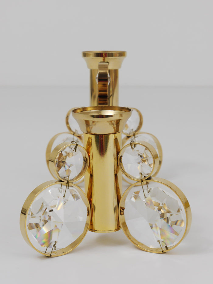 Palwa Gaetano Sciolari Style Brass & Crystal Candle Holder Candlestick, 1970s
