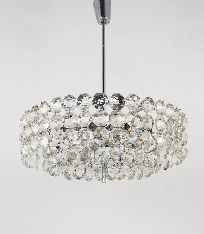 Large Bakalowits Nickel Brass Chandelier with Diamond Crystals, Austria, 1950
