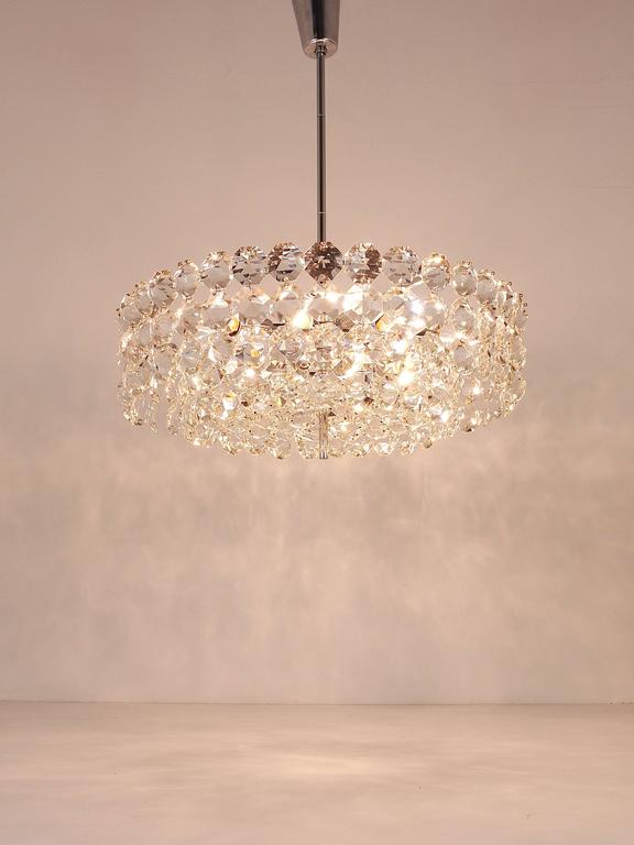 Large Bakalowits Nickel Brass Chandelier with Diamond Crystals, Austria, 1950
