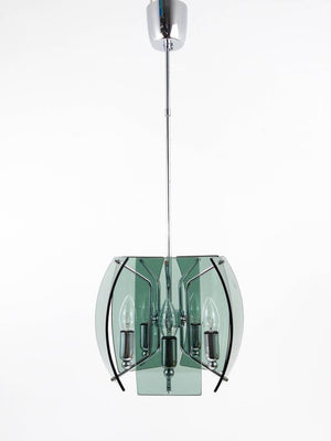 Mid-Century Kronleuchter aus Glas und Chrom im Stil von Fontana Arte