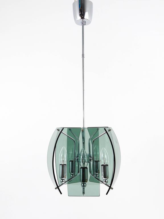 Fontana Arte Style Mid-Century Glass & Chrome Chandelier, Italy, 1960s