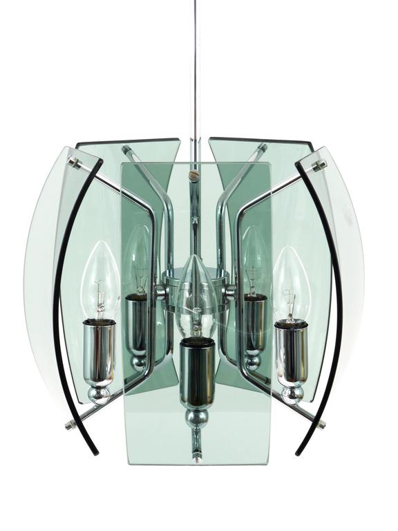 Fontana Arte Style Mid-Century Glass & Chrome Chandelier, Italy, 1960s