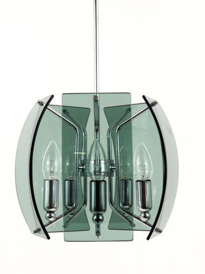 Mid-Century Kronleuchter aus Glas und Chrom im Stil von Fontana Arte