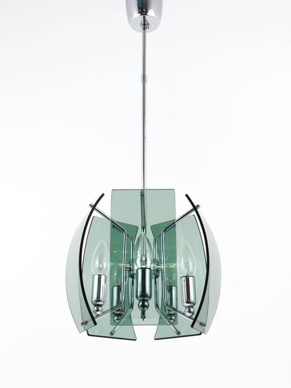 Fontana Arte Style Mid-Century Glass & Chrome Chandelier, Italy, 1960s