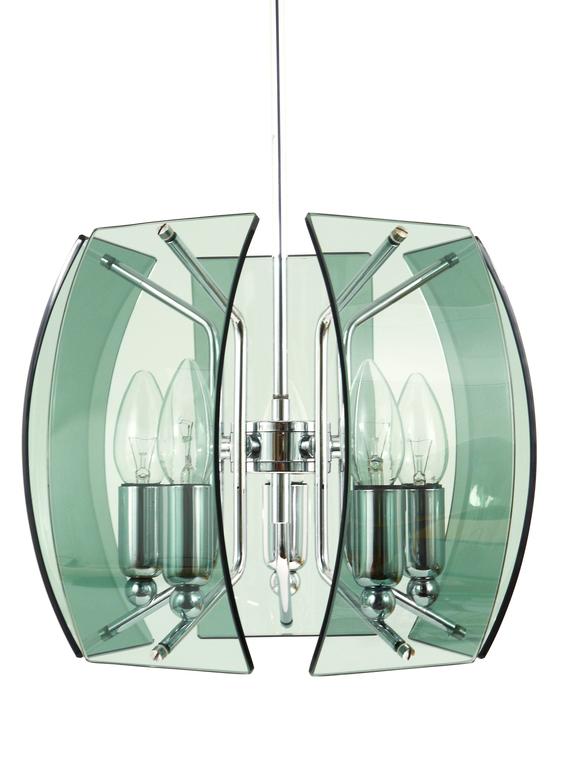 Fontana Arte Style Mid-Century Glass & Chrome Chandelier, Italy, 1960s