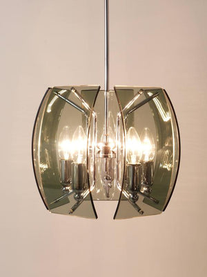 Mid-Century Kronleuchter aus Glas und Chrom im Stil von Fontana Arte