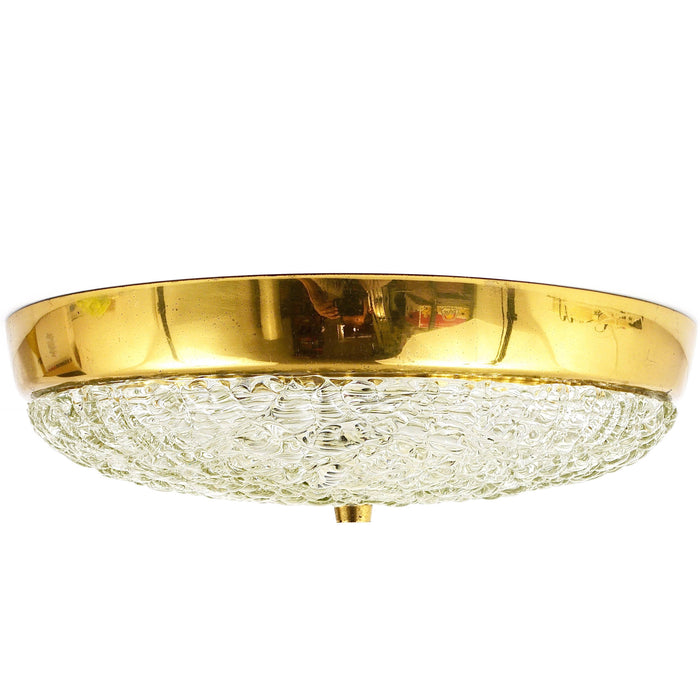 J.T. Kalmar Round Mid-Century Brass Textured Glass Flush Mount, Austria, 1950s