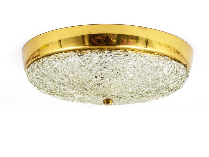 J.T. Kalmar Round Mid-Century Brass Textured Glass Flush Mount, Austria, 1950s