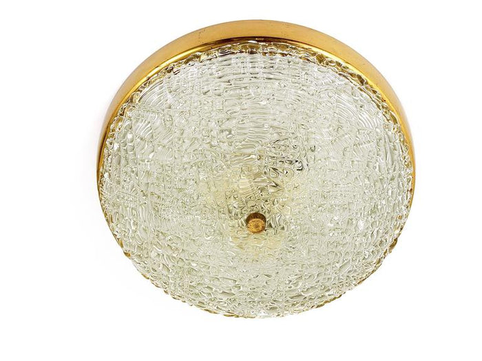 J.T. Kalmar Round Mid-Century Brass Textured Glass Flush Mount, Austria, 1950s