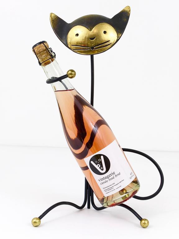 Walter Bosse Brass Cat Wine Bottle Holder by Herta Baller Vienna, Austria, 1950s