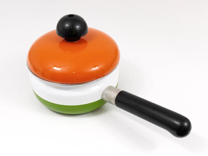 Carl Aubock Enameled Pot with Lid by Riess, Orange, White, Green, Austria, 1970s