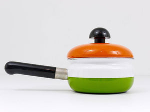 Pentola smaltata con coperchio Carl Aubock, realizzata da Riess, arancione, bianco, verde, Austria, anni 1970