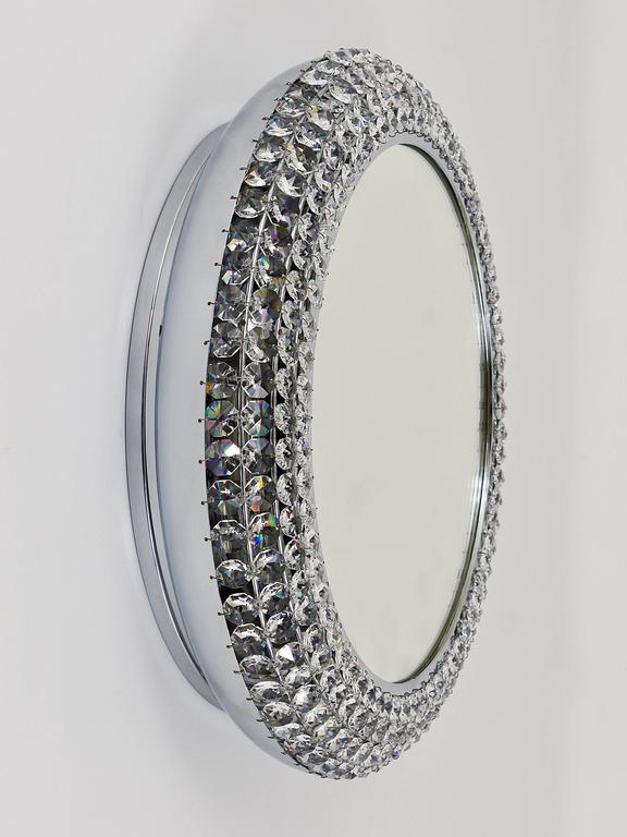 Round Bakalowits Style Faceted Crystal & Chrome Backlit Wall Mirror, 1960s