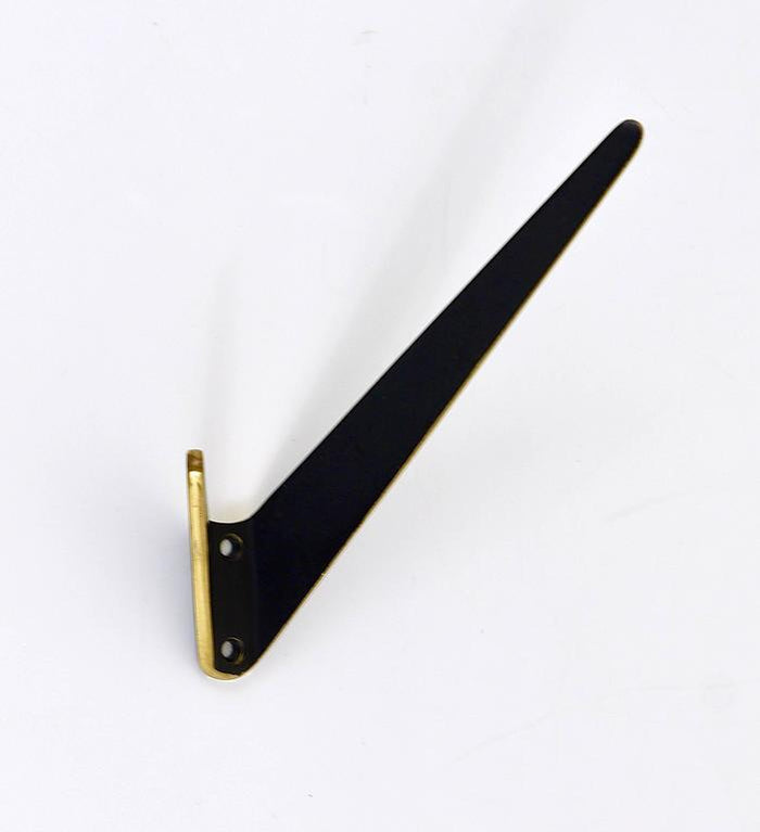 Up to Eight Asymmetrical Midcentury Black Brass Wall Hooks, Austria, 1950s