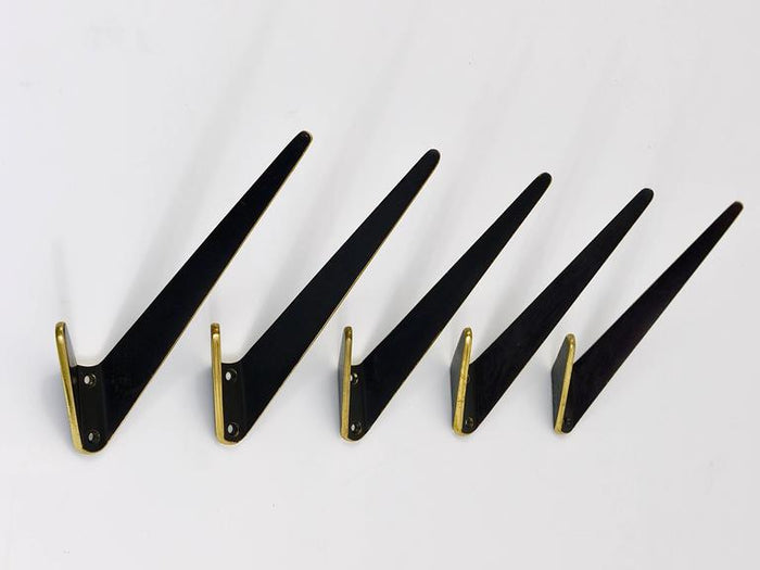 Up to Eight Asymmetrical Midcentury Black Brass Wall Hooks, Austria, 1950s