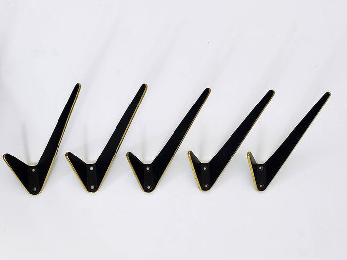 Up to Eight Asymmetrical Midcentury Black Brass Wall Hooks, Austria, 1950s