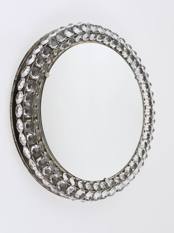 Bakalowits Vienna Round Backlit Wall Mirror with Huge Crystals, Austria, 1950s